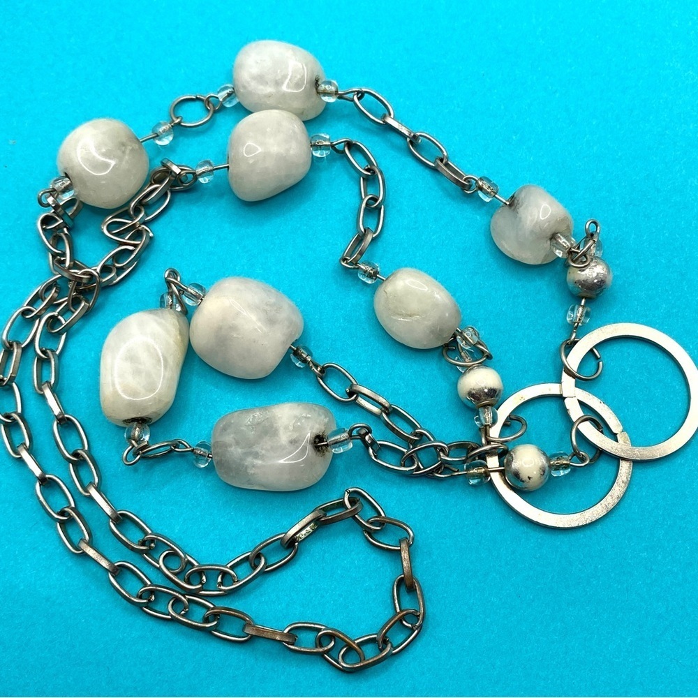 Natural White Stone Beads Silver Tone Chain Necklace